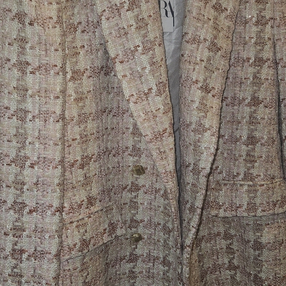 Zara Double Breasted Tweed Blazer Jacket Houndstooth  Siz LGold Buttons Two Fr - Picture 4 of 15